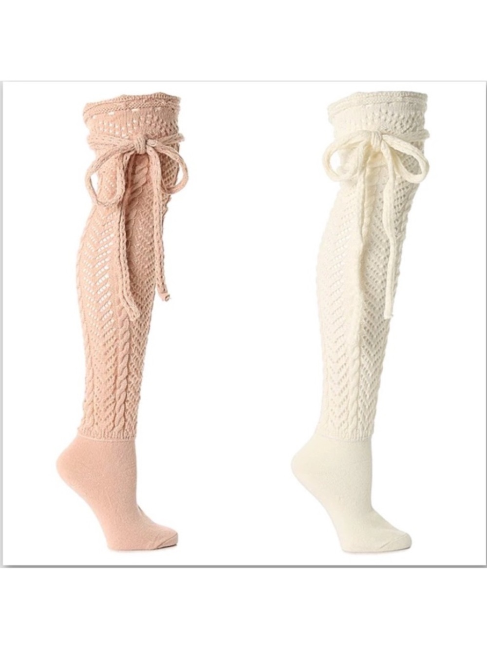 Memoi Knit Thigh-High Bow Tie Socks - Blush & Cream